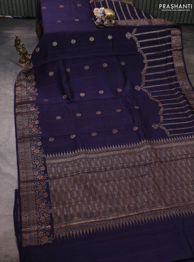 Banarasi semi matka silk saree navy blue with allover thread & zari woven buttas and woven border