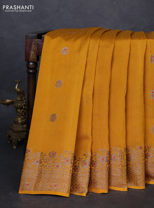 Banarasi semi matka silk saree mustard yellow with allover thread & zari woven buttas and woven border