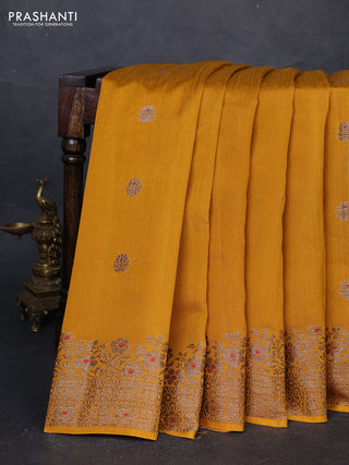 Banarasi semi matka silk saree mustard yellow with allover thread & zari woven buttas and woven border