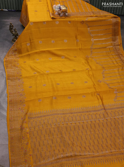 Banarasi semi matka silk saree mustard yellow with allover thread & zari woven buttas and woven border
