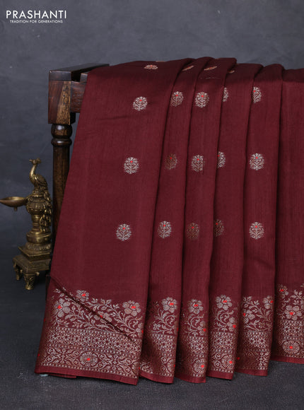 Banarasi semi matka silk saree coffee brown with allover thread & zari woven buttas and woven border