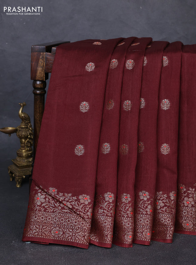 Banarasi semi matka silk saree coffee brown with allover thread & zari woven buttas and woven border