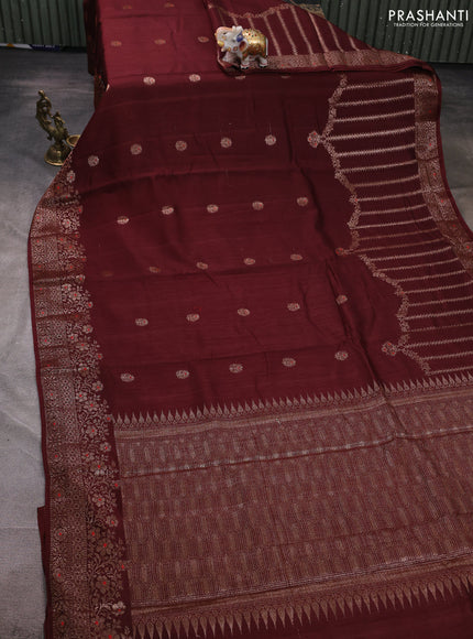Banarasi semi matka silk saree coffee brown with allover thread & zari woven buttas and woven border