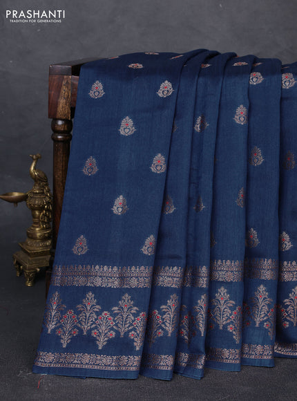Banarasi semi matka silk saree peacock blue with allover thread & zari woven buttas and woven border