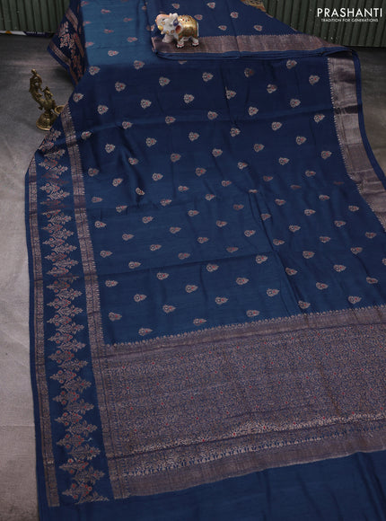 Banarasi semi matka silk saree peacock blue with allover thread & zari woven buttas and woven border
