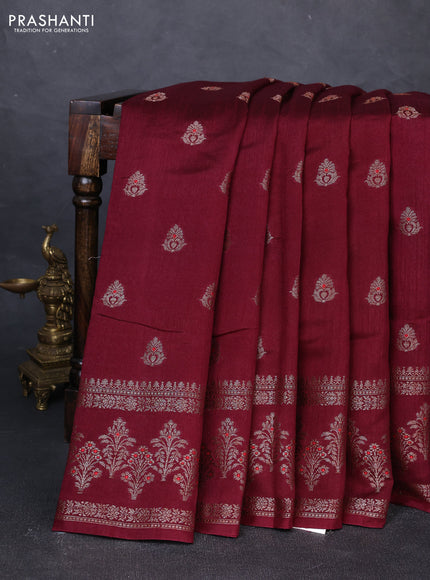 Banarasi semi matka silk saree wine shade with allover thread & zari woven buttas and woven border