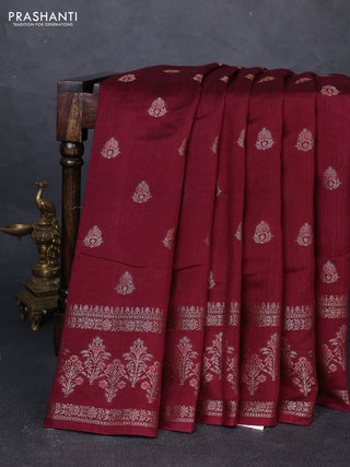 Banarasi semi matka silk saree wine shade with allover thread & zari woven buttas and woven border