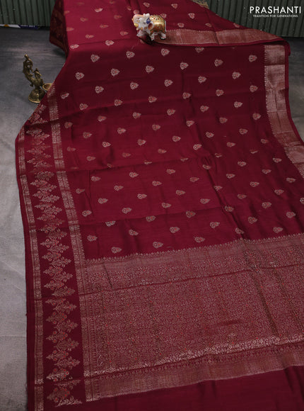 Banarasi semi matka silk saree wine shade with allover thread & zari woven buttas and woven border