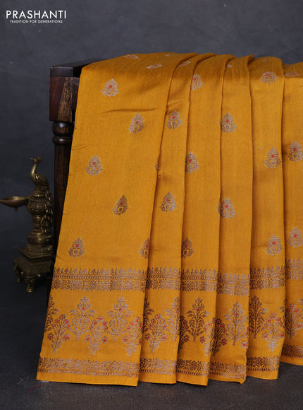 Banarasi semi matka silk saree mustard yellow with allover thread & zari woven buttas and woven border