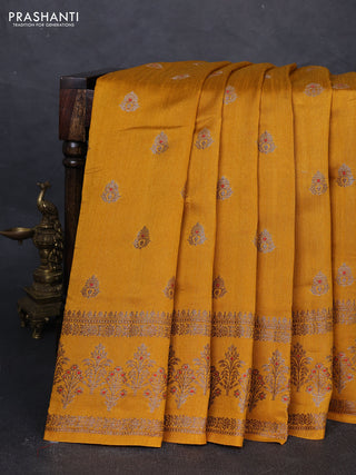Banarasi semi matka silk saree mustard yellow with allover thread & zari woven buttas and woven border