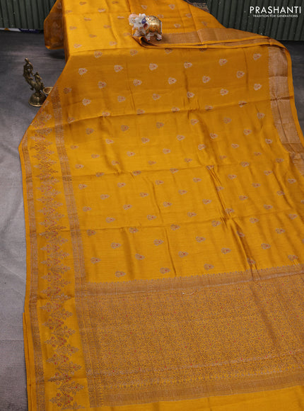 Banarasi semi matka silk saree mustard yellow with allover thread & zari woven buttas and woven border