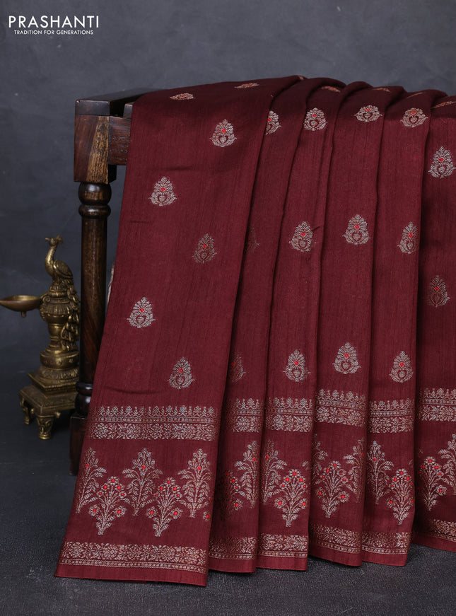 Banarasi semi matka silk saree coffee brown with allover thread & zari woven buttas and woven border