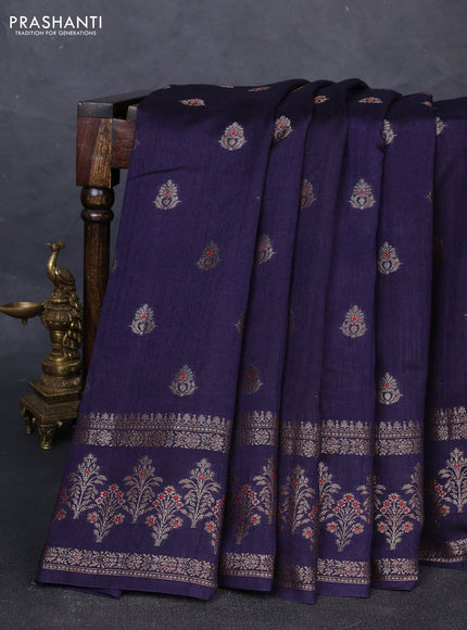 Banarasi semi matka silk saree navy blue with allover thread & zari woven buttas and woven border
