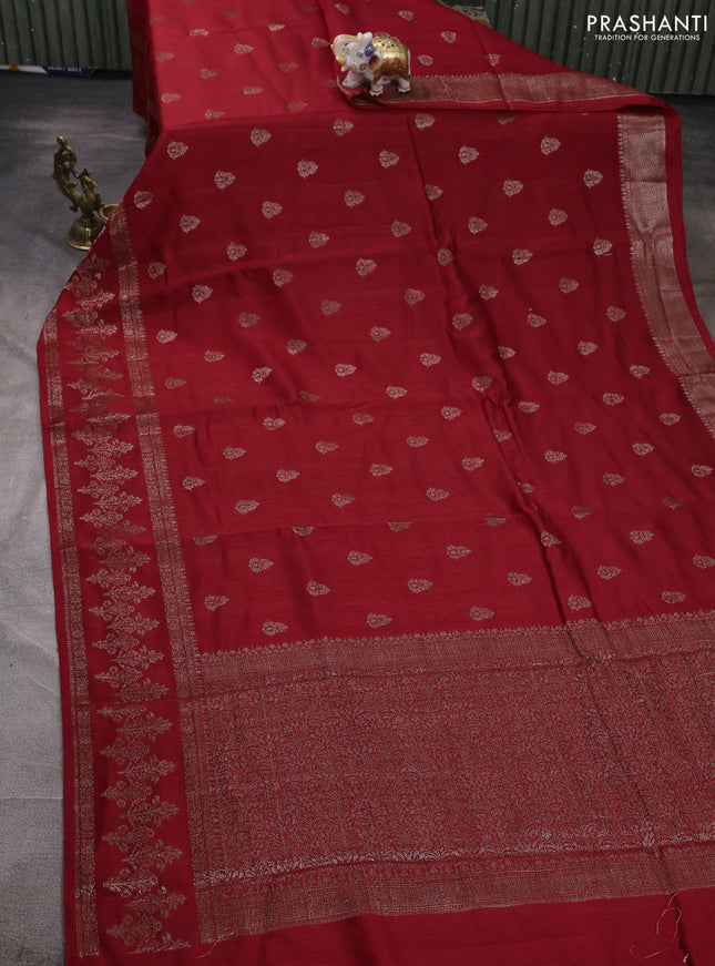 Banarasi semi matka silk saree maroon with allover thread & zari woven buttas and woven border