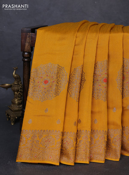 Banarasi semi matka silk saree mustard yellow with allover thread & zari woven buttas and woven border