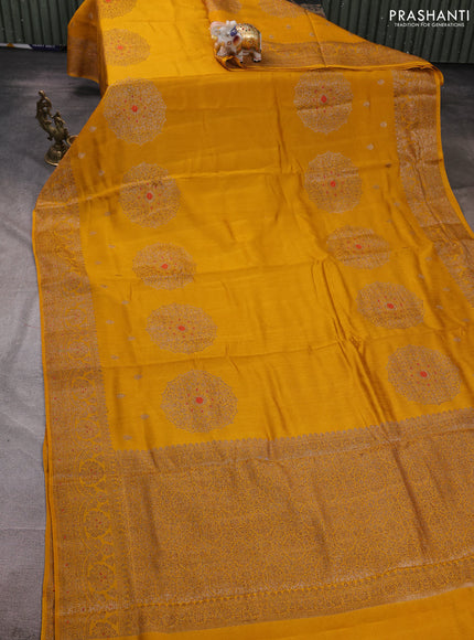 Banarasi semi matka silk saree mustard yellow with allover thread & zari woven buttas and woven border