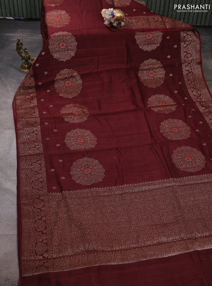Banarasi semi matka silk saree coffee brown with allover thread & zari woven buttas and woven border