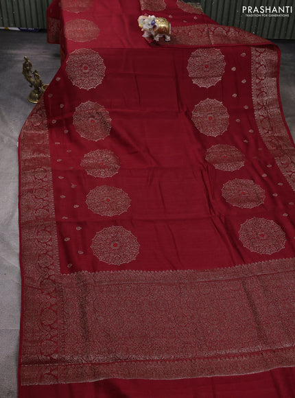 Banarasi semi matka silk saree maroon with allover thread & zari woven buttas and woven border