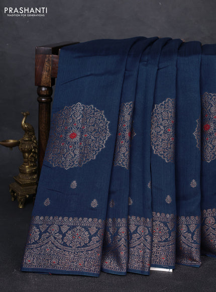 Banarasi semi matka silk saree peacock blue with allover thread & zari woven buttas and woven border