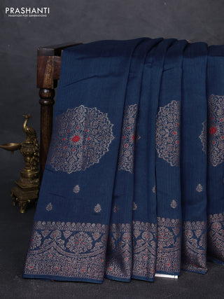 Banarasi semi matka silk saree peacock blue with allover thread & zari woven buttas and woven border