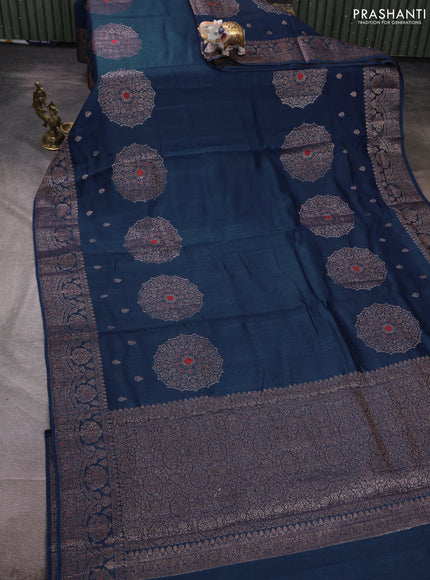 Banarasi semi matka silk saree peacock blue with allover thread & zari woven buttas and woven border