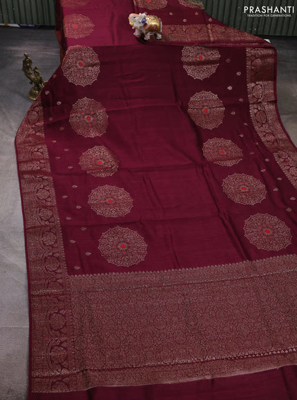 Banarasi semi matka silk saree wine shade with allover thread & zari woven buttas and woven border
