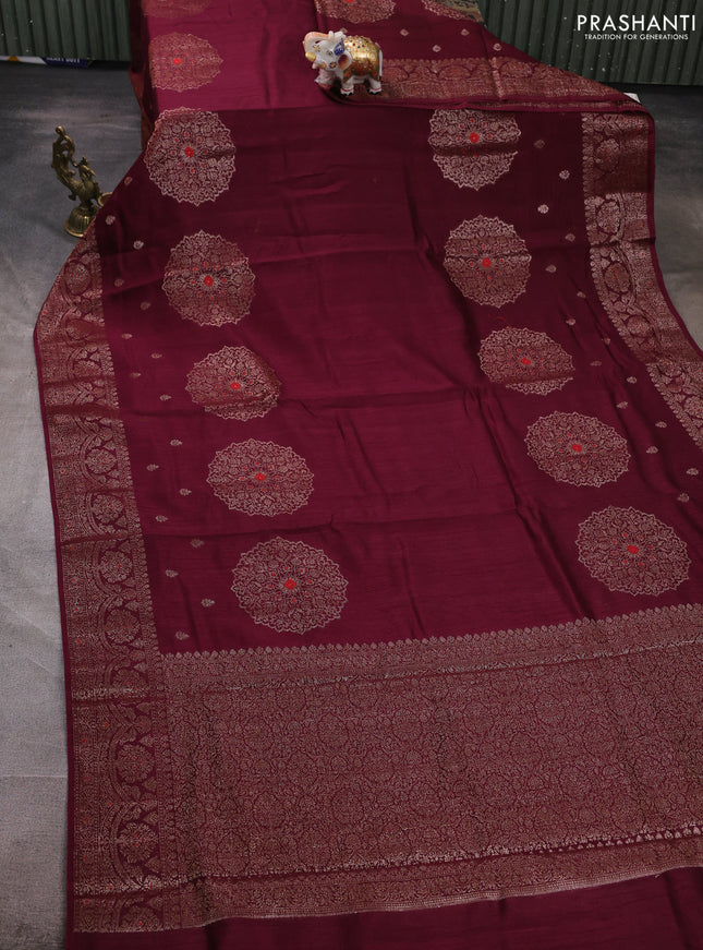 Banarasi semi matka silk saree wine shade with allover thread & zari woven buttas and woven border