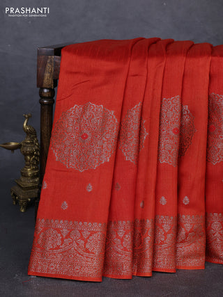 Banarasi semi matka silk saree orange with allover thread & zari woven buttas and woven border