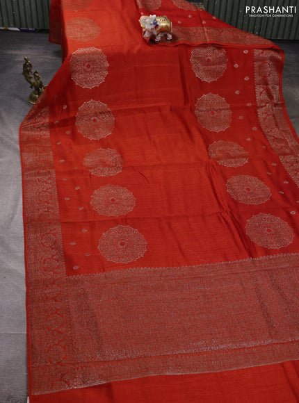 Banarasi semi matka silk saree orange with allover thread & zari woven buttas and woven border