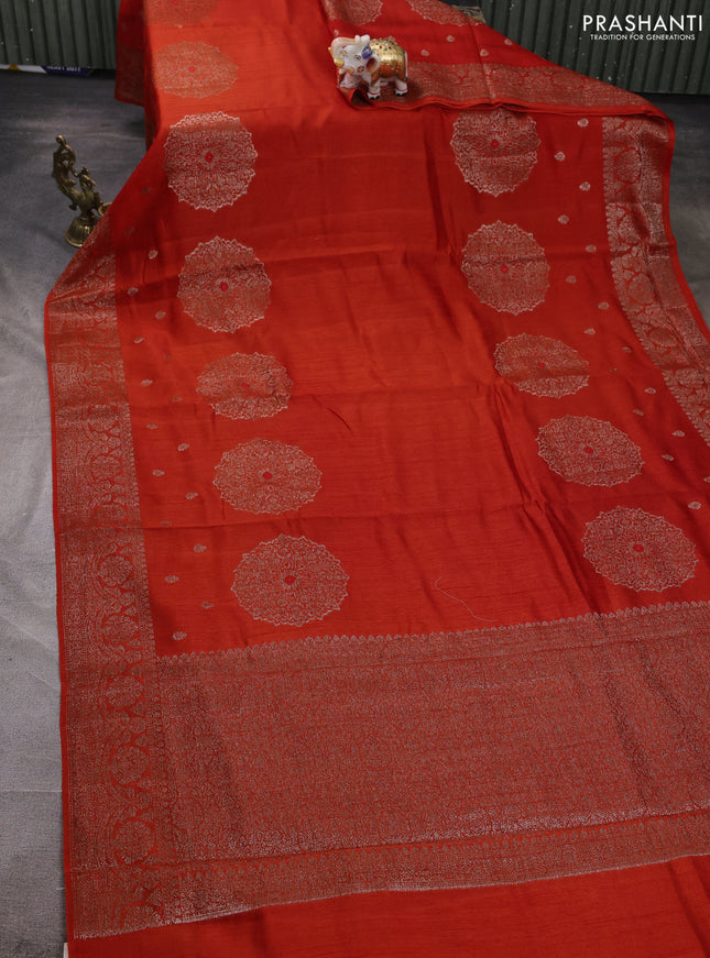 Banarasi semi matka silk saree orange with allover thread & zari woven buttas and woven border