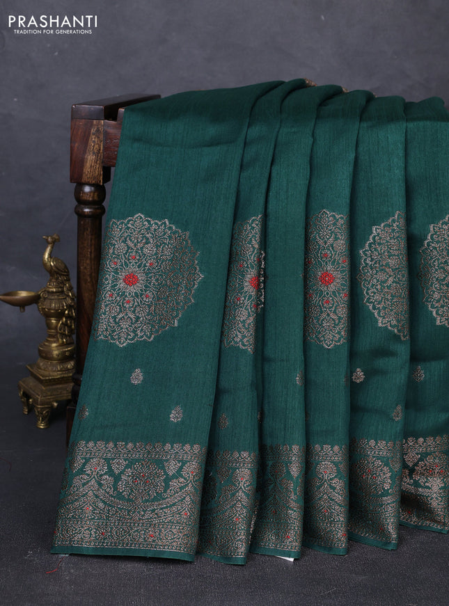 Banarasi semi matka silk saree green with allover thread & zari woven buttas and woven border