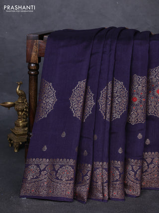 Banarasi semi matka silk saree navy blue with allover thread & zari woven buttas and woven border