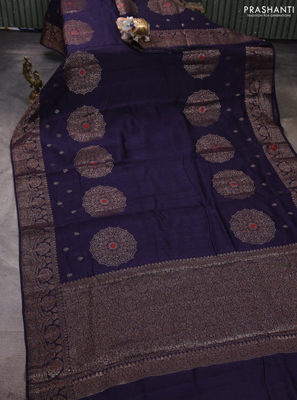 Banarasi semi matka silk saree navy blue with allover thread & zari woven buttas and woven border
