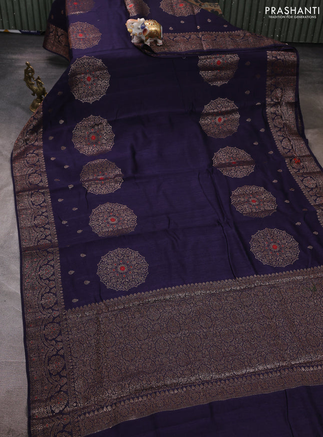 Banarasi semi matka silk saree navy blue with allover thread & zari woven buttas and woven border
