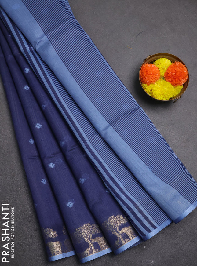 Semi dupion saree bluish grey with allover thread woven buttas and zari woven border