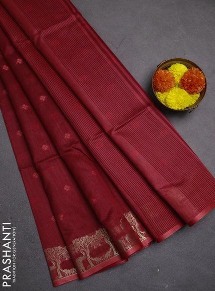 Semi dupion saree maroon with allover thread woven buttas and zari woven border