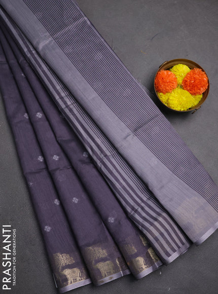 Semi dupion saree grey with allover thread woven buttas and zari woven border