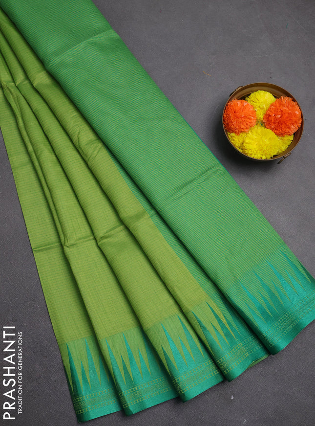 Semi dupion saree light green and green with allover thread stripe pattern and temple design thread woven border