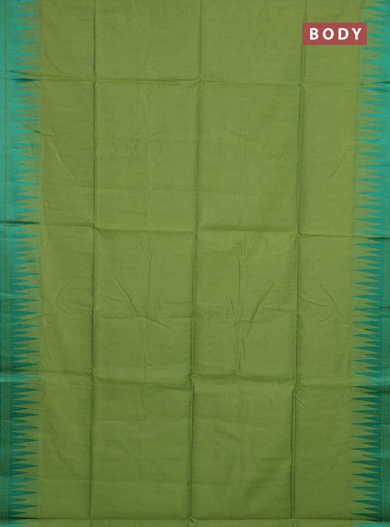 Semi dupion saree light green and green with allover thread stripe pattern and temple design thread woven border