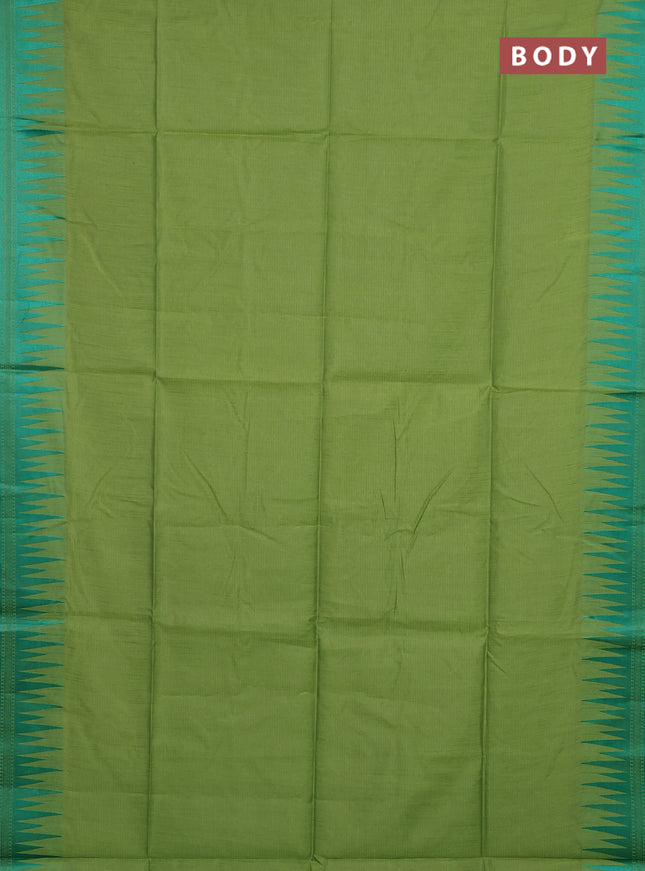 Semi dupion saree light green and green with allover thread stripe pattern and temple design thread woven border