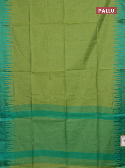 Semi dupion saree light green and green with allover thread stripe pattern and temple design thread woven border