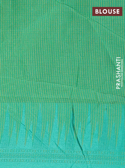 Semi dupion saree light green and green with allover thread stripe pattern and temple design thread woven border