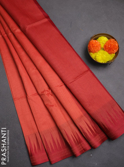 Semi dupion saree pastel maroon and maroon with allover thread stripe pattern and temple design thread woven border