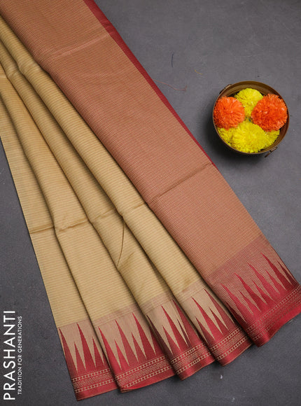 Semi dupion saree beige and maroon with allover thread stripe pattern and temple design thread woven border