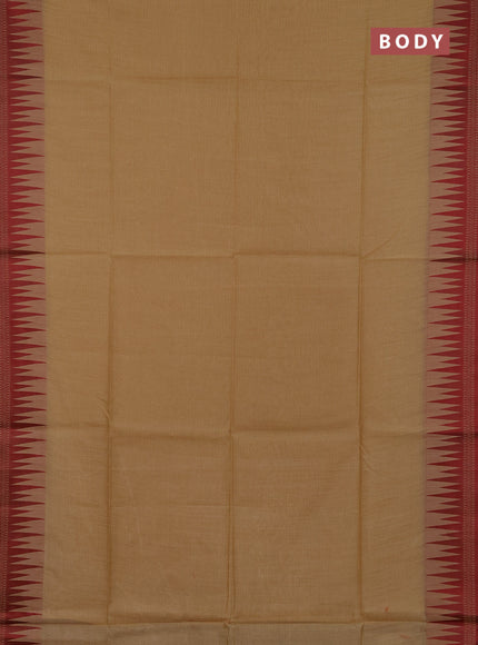 Semi dupion saree beige and maroon with allover thread stripe pattern and temple design thread woven border