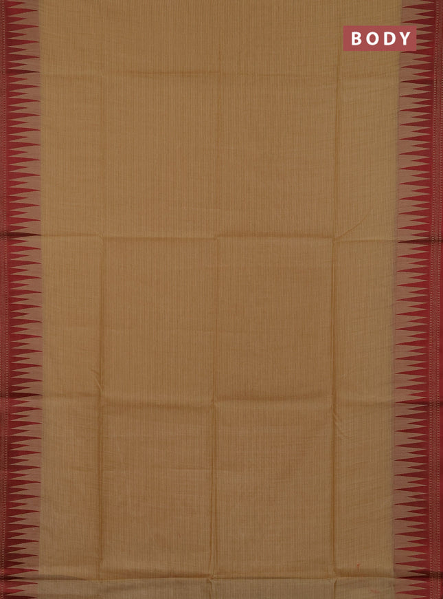 Semi dupion saree beige and maroon with allover thread stripe pattern and temple design thread woven border