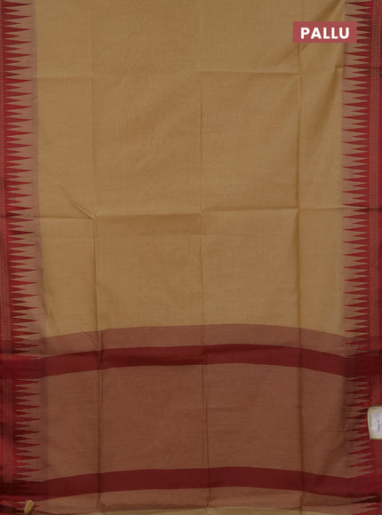 Semi dupion saree beige and maroon with allover thread stripe pattern and temple design thread woven border