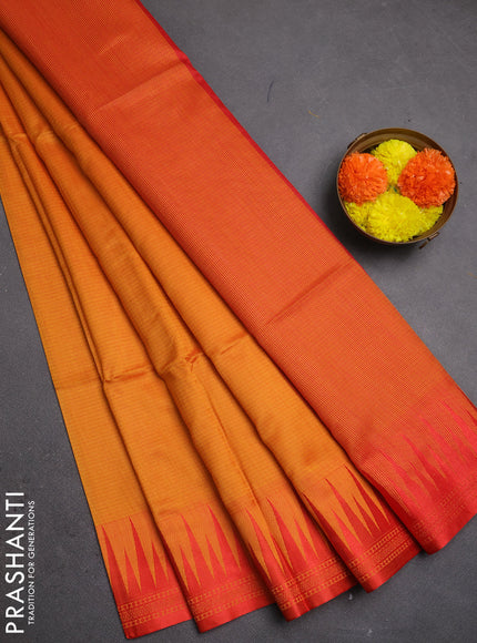 Semi dupion saree sunset orange and red with allover thread stripe pattern and temple design thread woven border