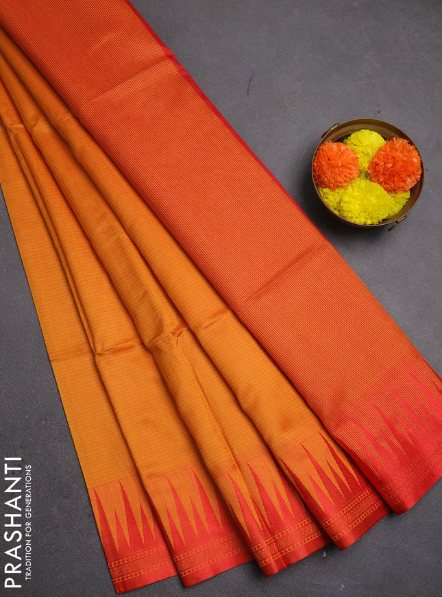Semi dupion saree sunset orange and red with allover thread stripe pattern and temple design thread woven border