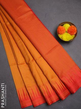 Semi dupion saree sunset orange and red with allover thread stripe pattern and temple design thread woven border